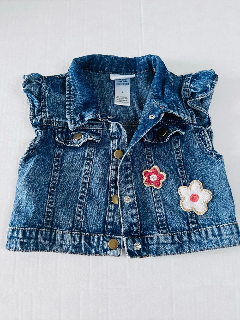Little Lass Blue Denim Sleeveless Jacket with Floral Patches